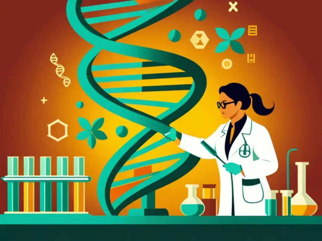 Imagen vintage de edición genética CRISPR-Cas9 en laboratorio, con científicos determinados y equipos científicos antiguos