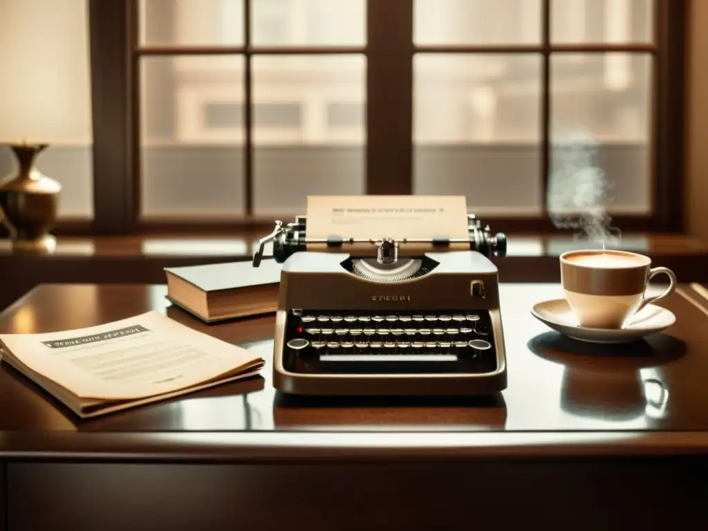 Una imagen vintage de un elegante escritorio retro con gráficos antiguos de la bolsa, una máquina de escribir clásica y una taza de café humeante