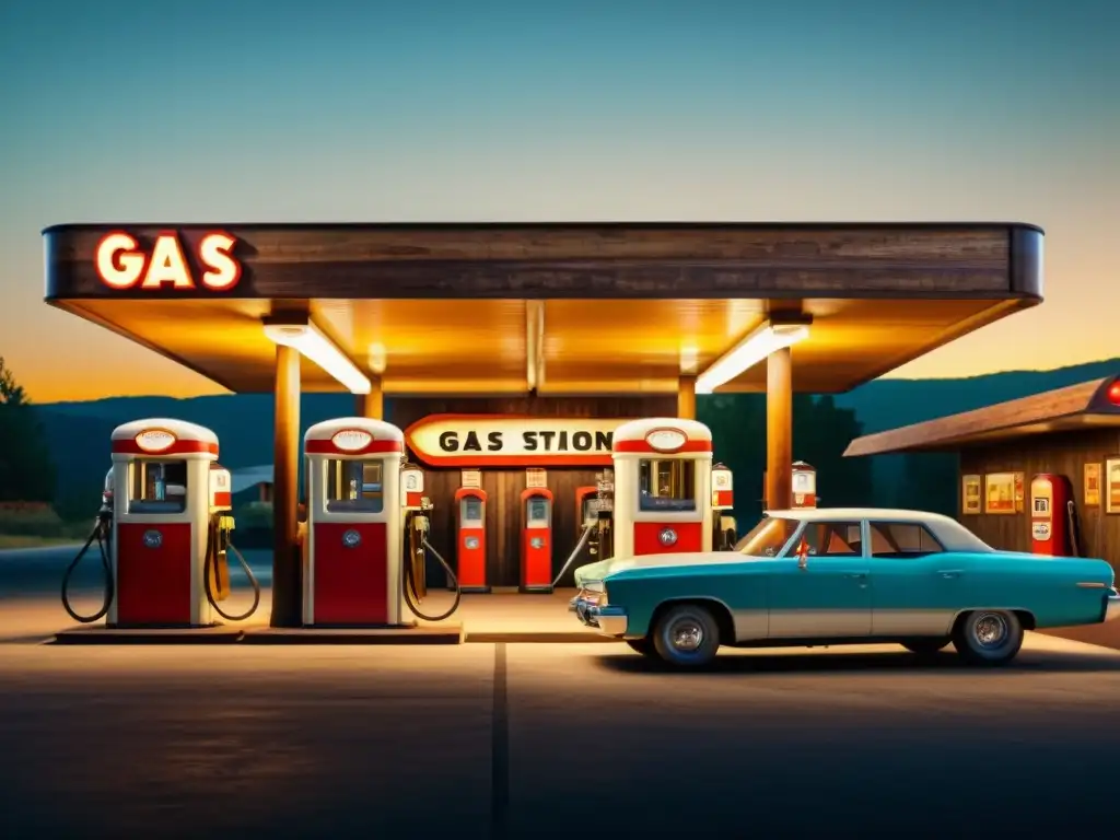 Imagen vintage de una estación de gasolina retro con bombas clásicas y autos antiguos, evocando el desarrollo histórico de biocombustibles