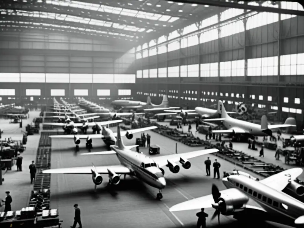 Imagen vintage de fábrica aeronáutica durante la Segunda Guerra Mundial, reflejando urgencia y determinación en el desarrollo tecnológico aeronáutico