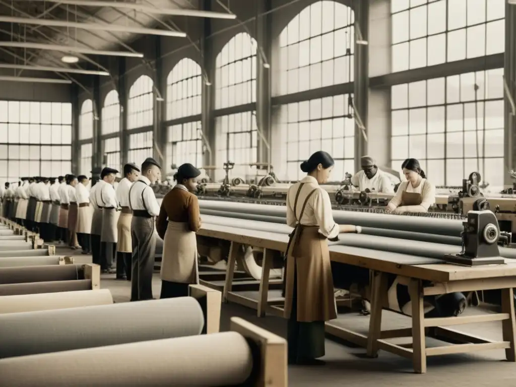 Imagen vintage de fábrica textil con trabajadores inspeccionando telas bajo la luz natural