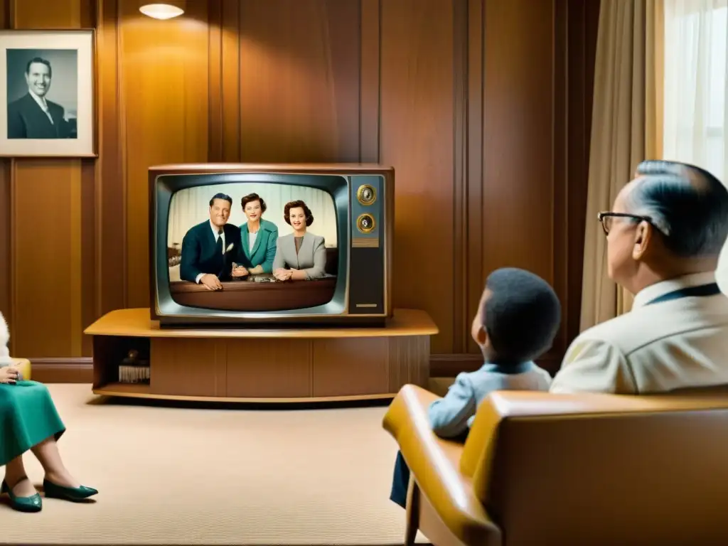 Imagen vintage en 8k de una familia viendo la televisión en blanco y negro