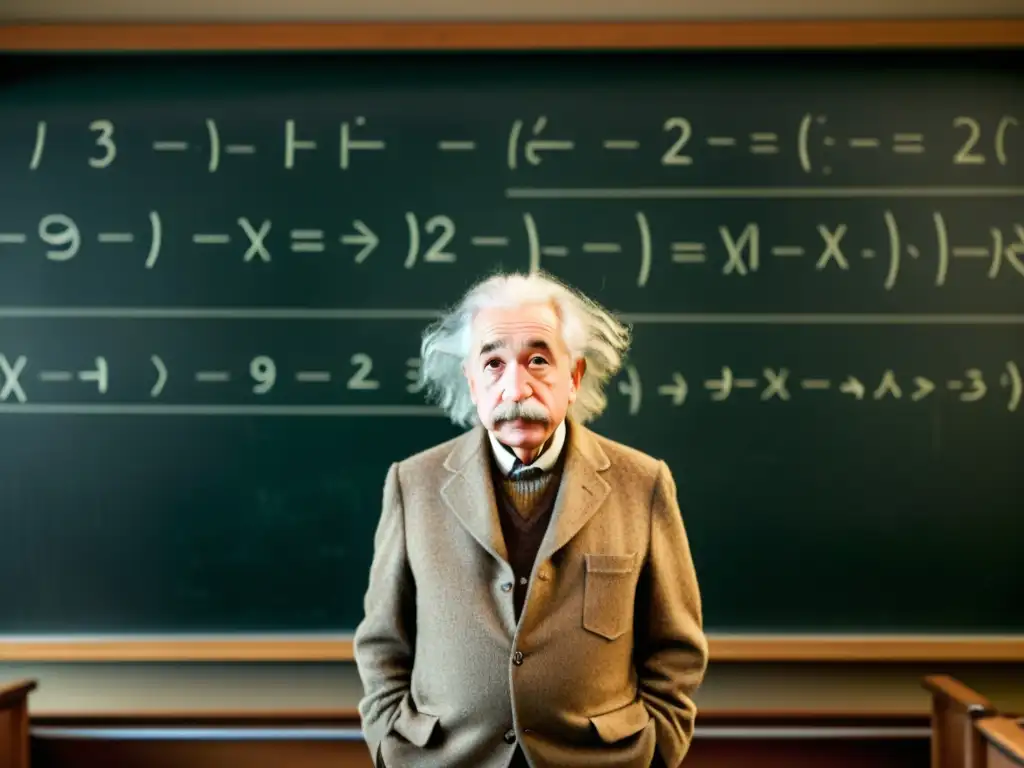 Imagen vintage de Albert Einstein frente a la pizarra llena de ecuaciones y diagramas