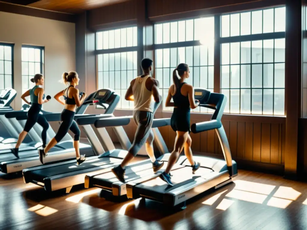 Imagen vintage de un gimnasio del siglo XX con personas usando cintas de correr manuales