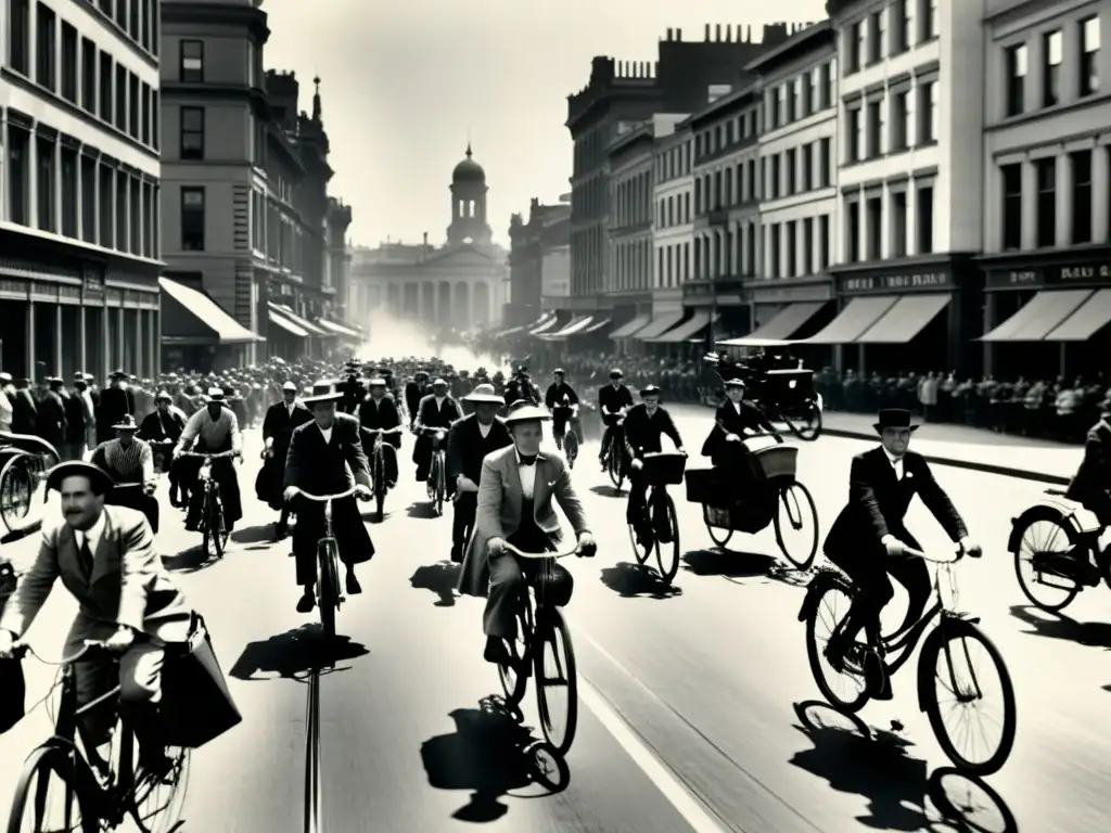 Imagen vintage de la historia y evolución de la bicicleta, con gente pedaleando en una bulliciosa calle urbana del siglo XX