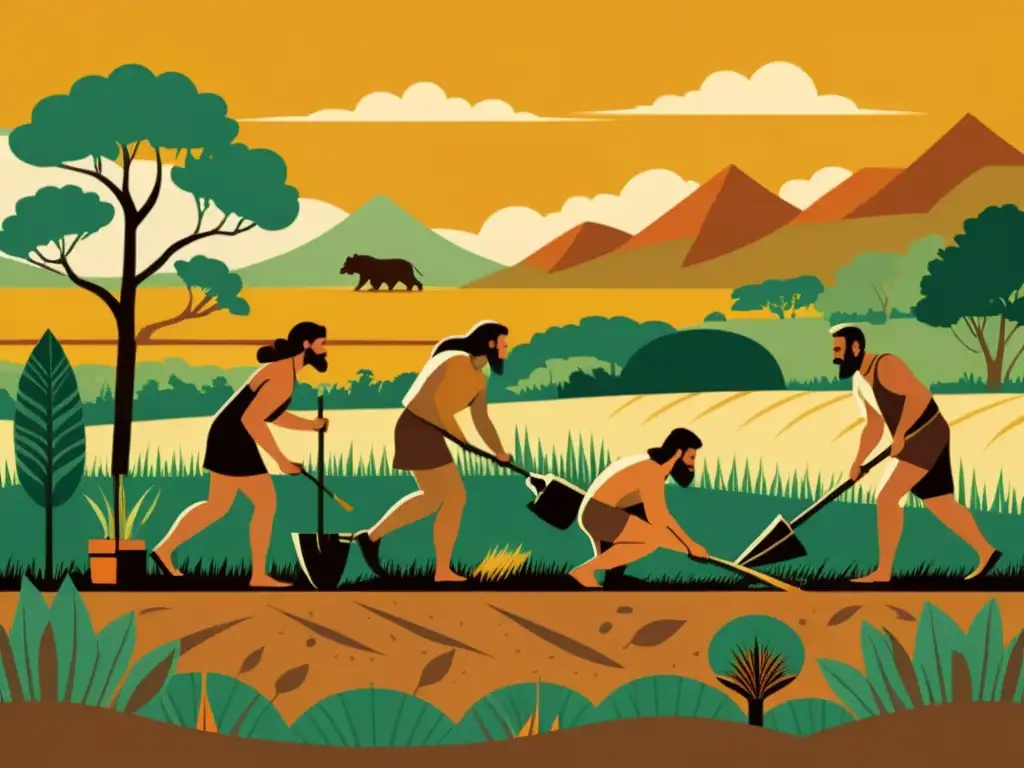 Imagen vintage ilustrando la transformación de la humanidad con la agricultura en la era neolítica