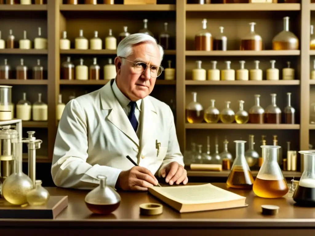 Imagen vintage de Fleming en su laboratorio, observando el descubrimiento de la penicilina