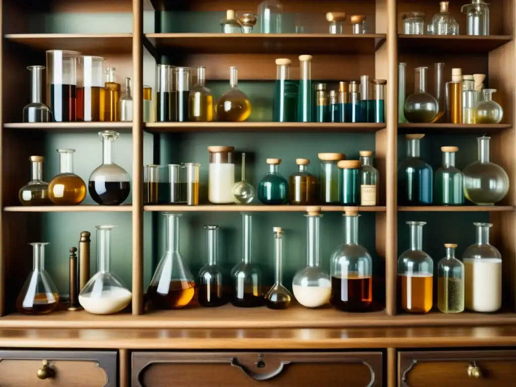 Una imagen vintage de un laboratorio con instrumentos científicos antiguos en estantes de madera