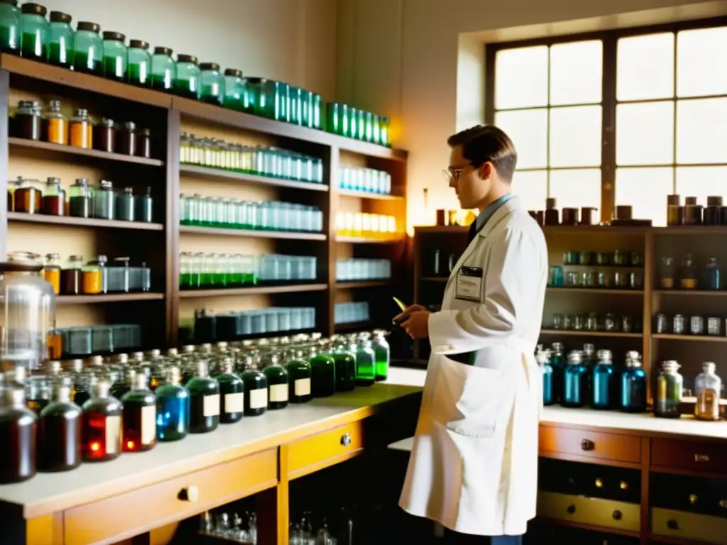 Una imagen vintage de un laboratorio lleno de estantes con antiguas baterías y equipo eléctrico