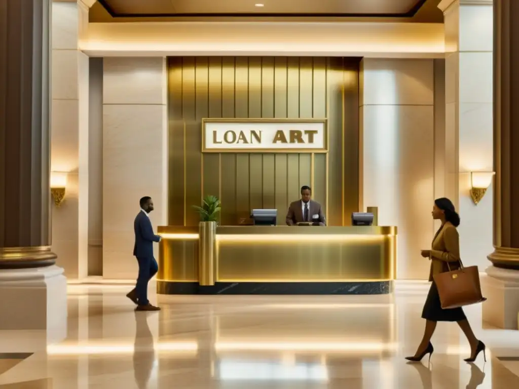 Imagen vintage de lobby bancario con inteligencia artificial en concesión de préstamos, fusionando elegancia histórica con innovación moderna