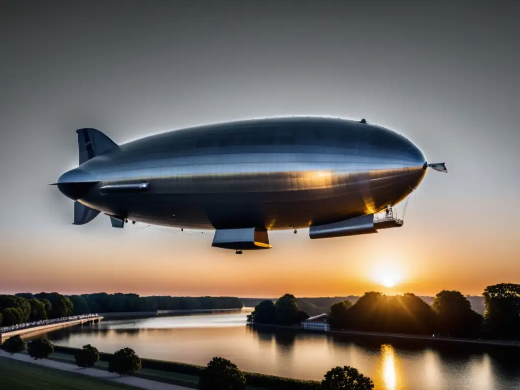 Imagen vintage del majestuoso zeppelin LZ 129 Hindenburg flotando en el cielo al atardecer, evocando la historia del lujo en el transporte aéreo