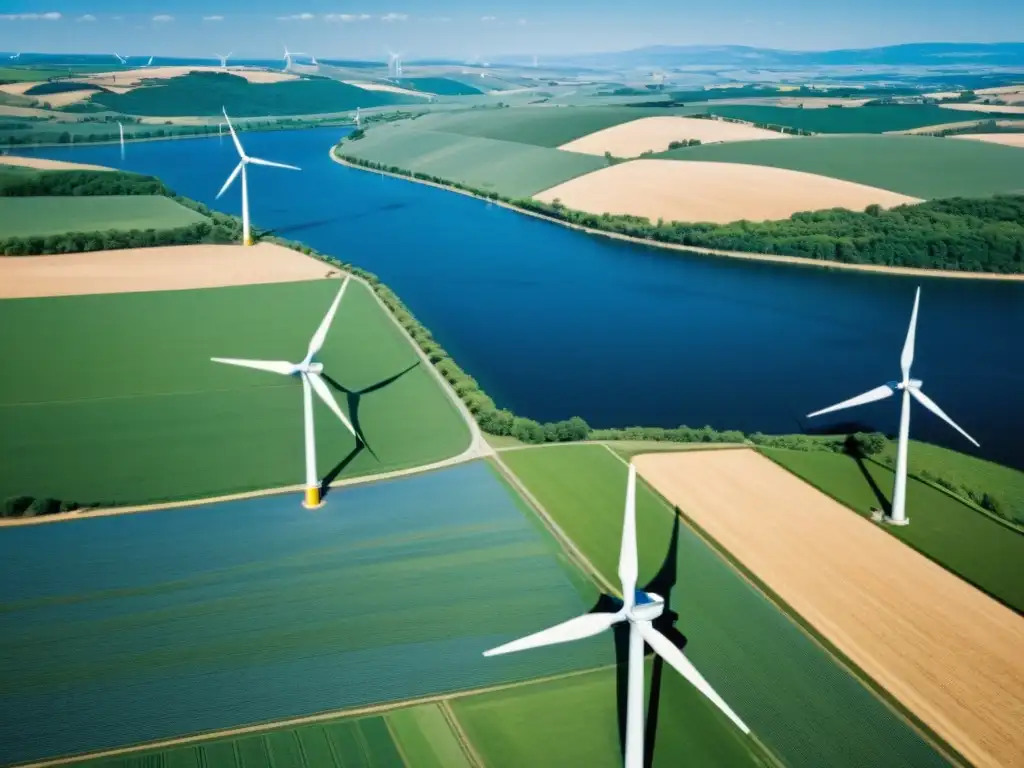 Imagen vintage de un paisaje vasto y soleado con elegantes turbinas eólicas destacando entre colinas, avances tecnológicos energía eólica limpia