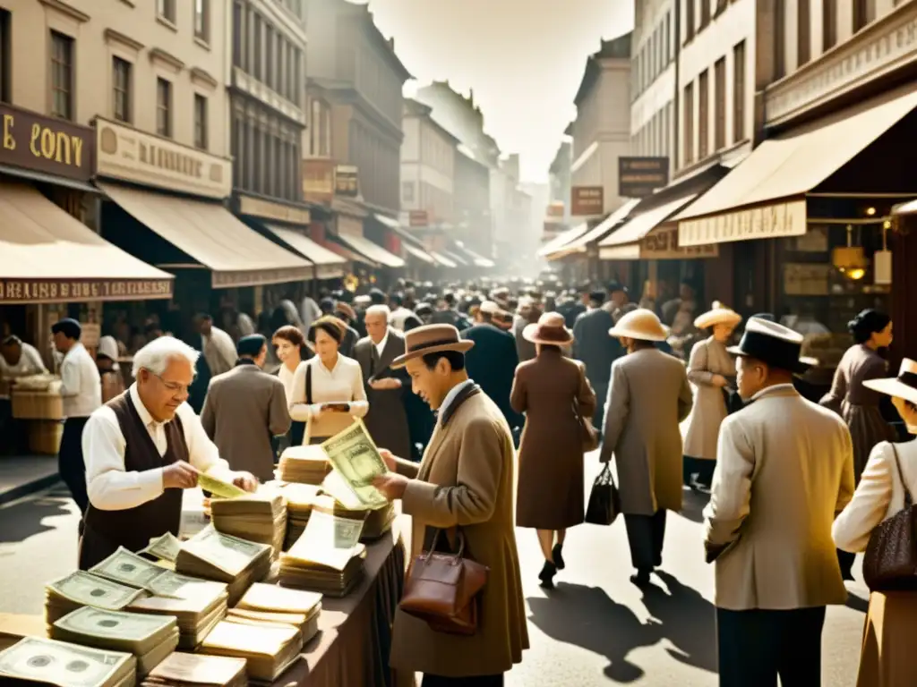 Imagen vintage de la evolución del papel moneda en economía, con bulliciosa calle y personas realizando transacciones en sepia