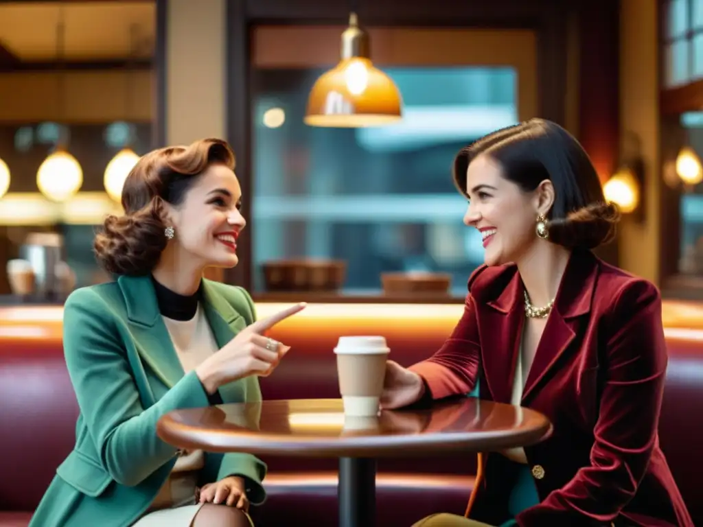 Imagen vintage de dos personas conversando con gestos de comunicación no verbal en acogedor café retro, mostrando la influencia de la PNL