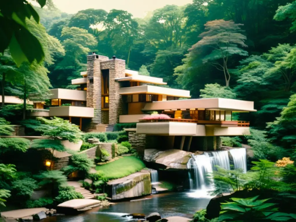 Imagen vintage de la icónica casa Fallingwater de Frank Lloyd Wright, rodeada de exuberante vegetación con cascada al fondo