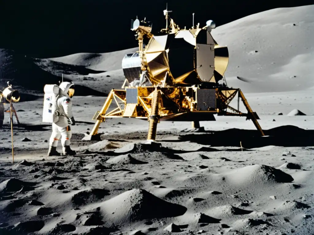 Imagen vintage de la tecnología detrás del Apolo 11: módulo lunar en la luna, astronauta recolectando muestras