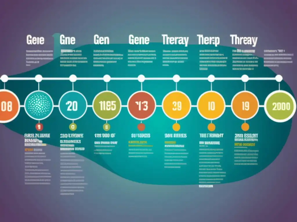Imagen vintage ilustrando la evolución de la terapia génica para corregir enfermedades, con hitos históricos y figuras clave