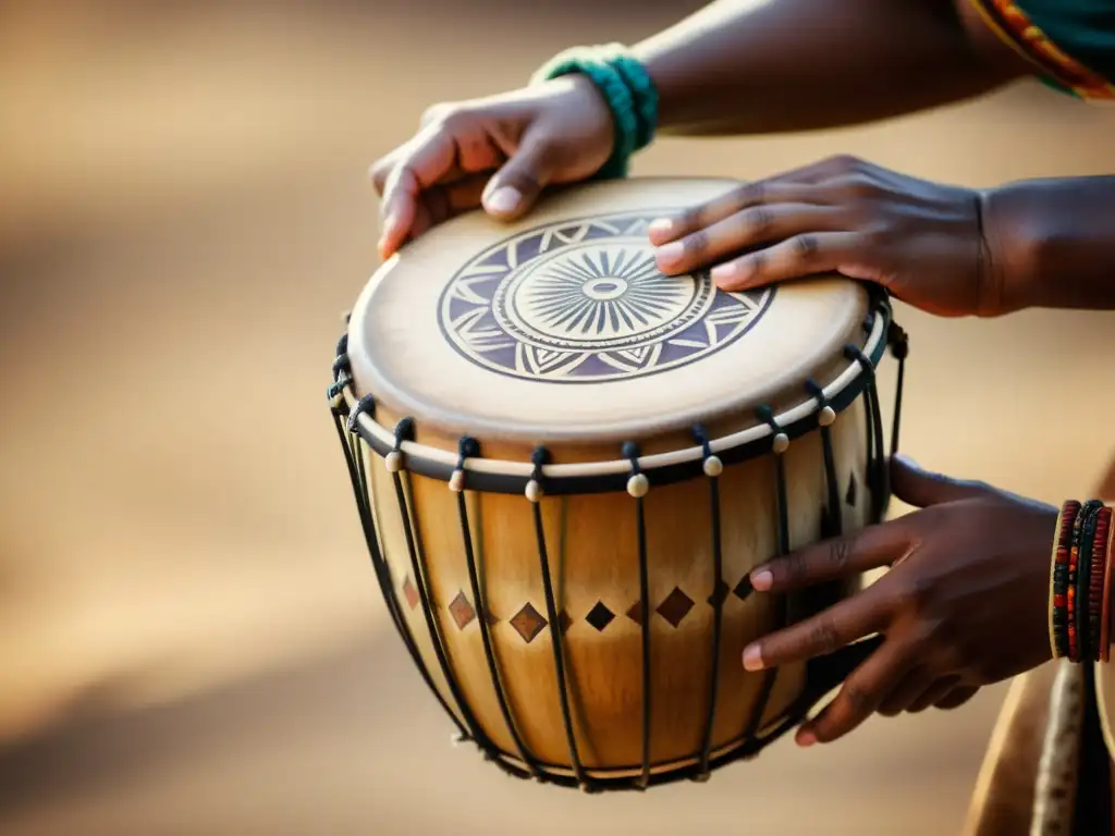 Imagen vintage de un tambor indígena tradicional, tocado con pasión, evocando significado cultural y tradición musical