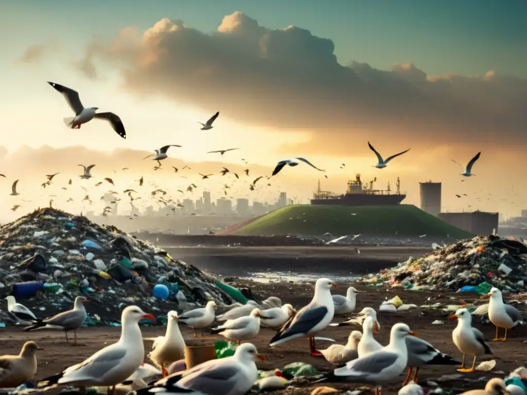 Imagen vintage de un vertedero rebosante de residuos plásticos, con gaviotas revoloteando y un horizonte lleno de smog