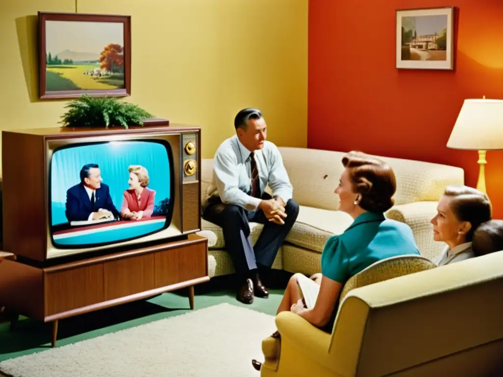 Una imagen vívida de una sala de estar de mediados del siglo XX, con una familia reunida alrededor de un televisor, cautivados por las noticias o un programa político