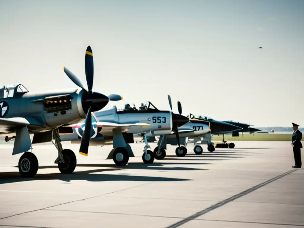 Una impactante fotografía en blanco y negro muestra una alineación de icónicos aviones de combate de diferentes épocas, resaltando la evolución de la historia de la aviación militar