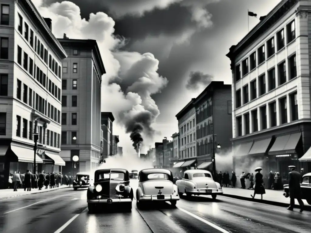 Una impactante fotografía en blanco y negro de una bulliciosa calle de la ciudad, mostrando el impacto social y ambiental del motor de combustión