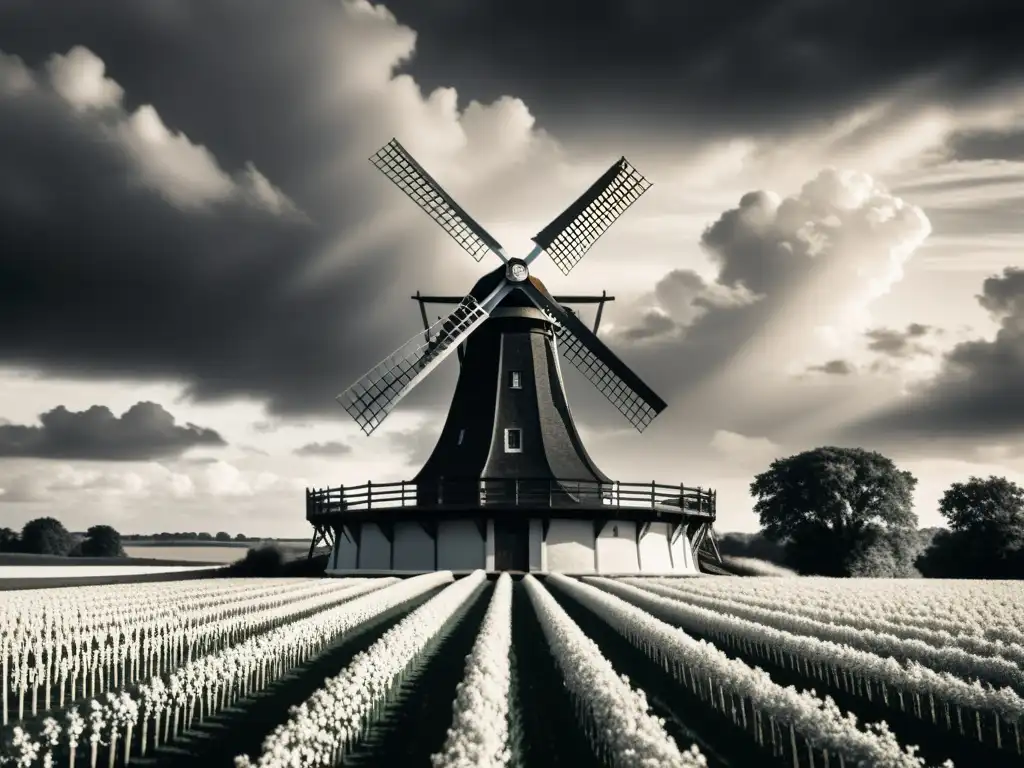 Esplendor eterno de un molino de viento histórico Una impactante fotografía en blanco y negro de un histórico molino de viento, destacando su impacto histórico en la generación de energía limpia
