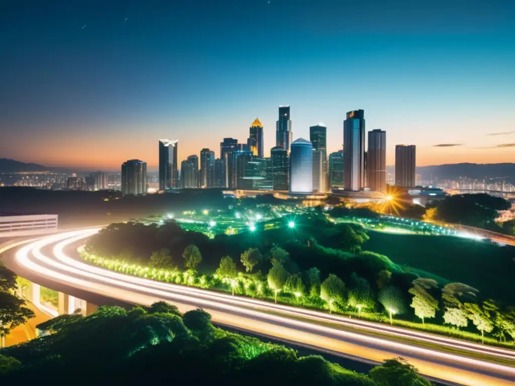 Una impactante ciudad nocturna, con luces dinámicas y un trasfondo de naturaleza