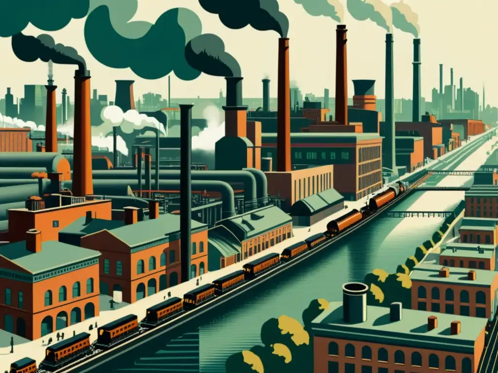 Impactante ilustración vintage de una bulliciosa ciudad industrial durante la Revolución Industrial