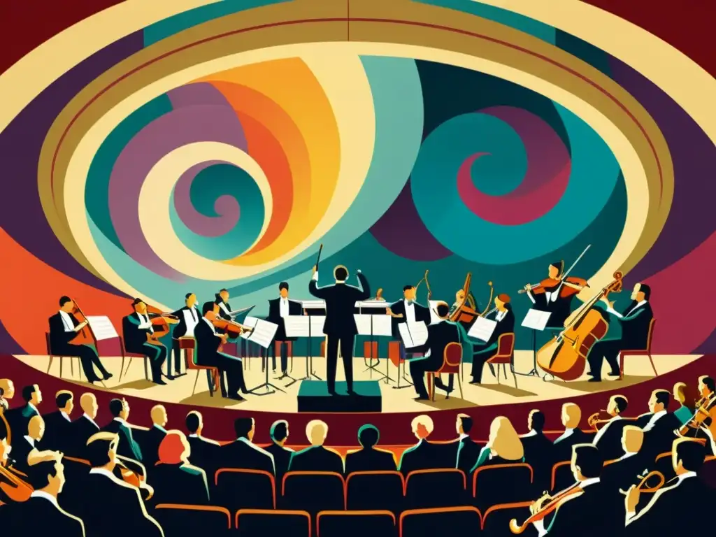 Una impactante ilustración vintage de una sinfonía orquesta en el escenario, con colores vibrantes y patrones visuales hipnóticos, evocando la armonía sinestésica entre música y color