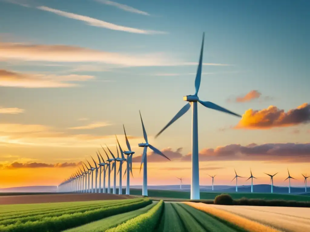 Esplendor eólico: turbinas blancas en un atardecer vibrante Un impacto histórico: turbinas eólicas generando energía limpia en un atardecer vibrante y nostálgico