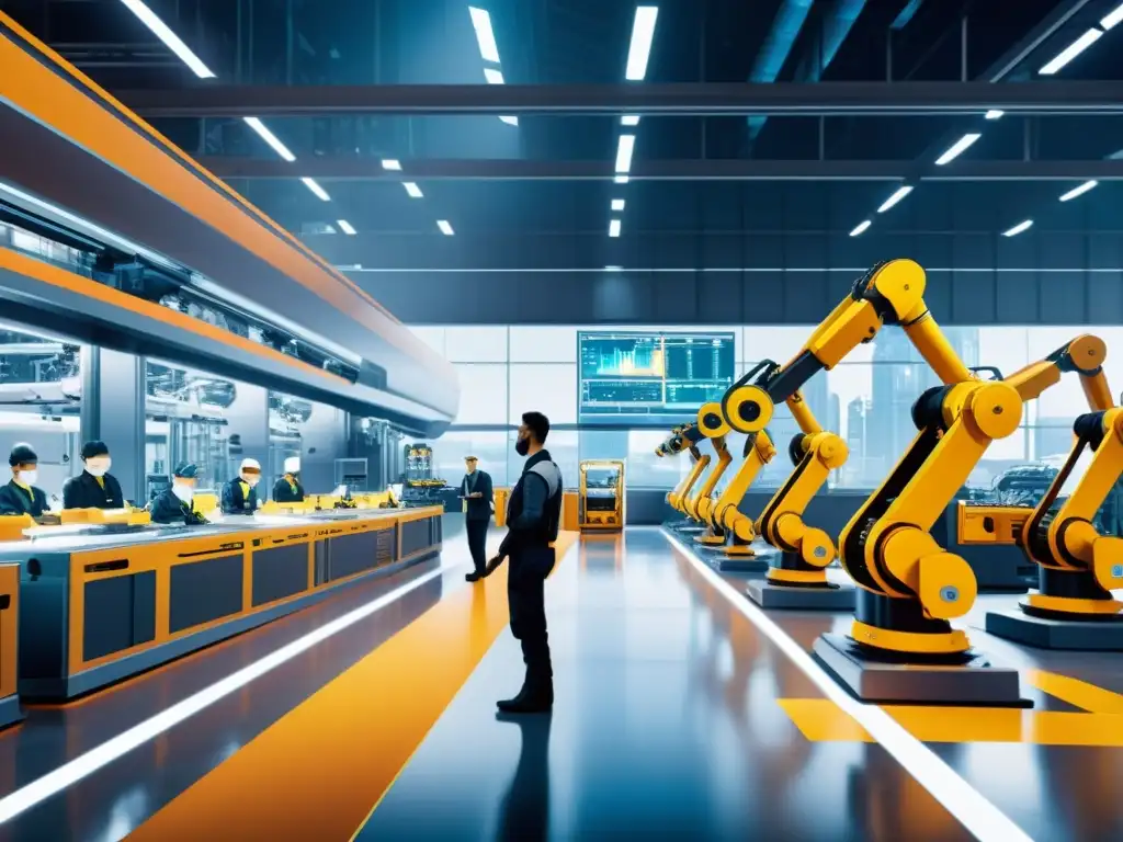 Colaboración futurista: robots y humanos en la línea de producción Impacto de la robótica en el empleo: Escena futurista con robots y humanos trabajando en armonía en una línea de producción de alta tecnología