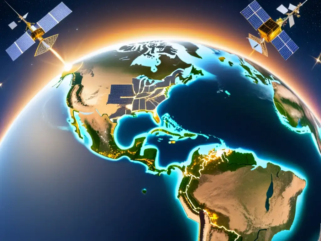 Impacto de satélites en la conectividad global: Red de satélites orbitando la Tierra, reflejando el sol con detalles intrincados