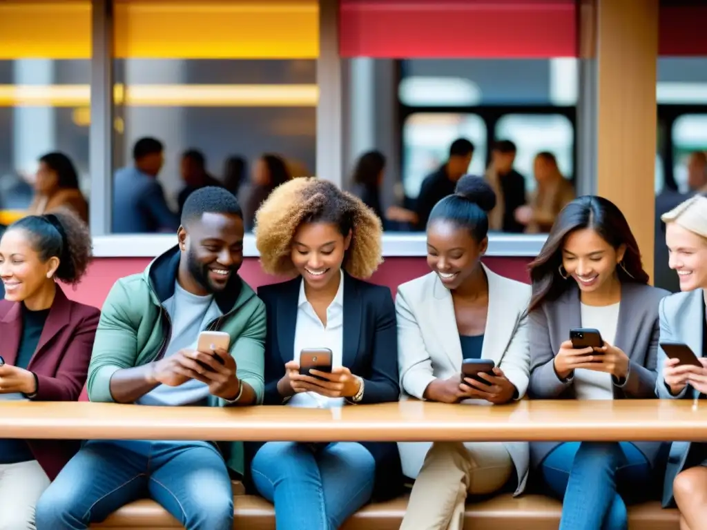 Impacto social del smartphone: Diversidad de personas usando smartphones en cafés, parques y transporte público, conectándose y comunicándose