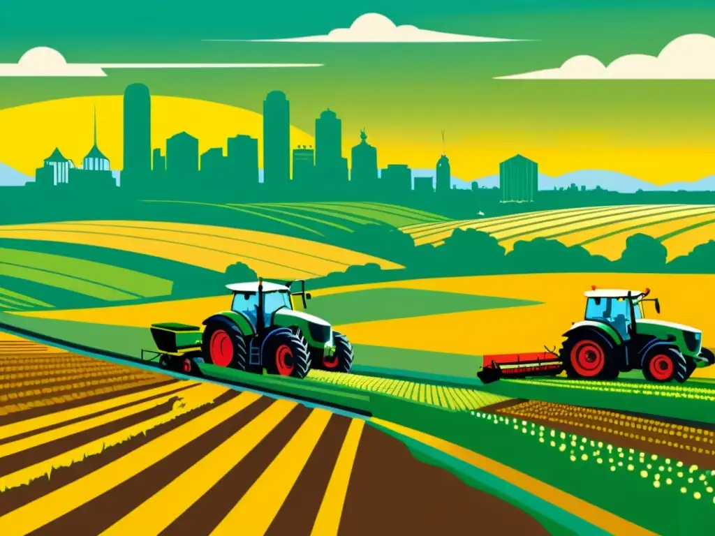 Una ilustración vintage muestra el impacto de la revolución verde en la agricultura moderna, con maquinaria avanzada y cultivos vibrantes en un campo soleado