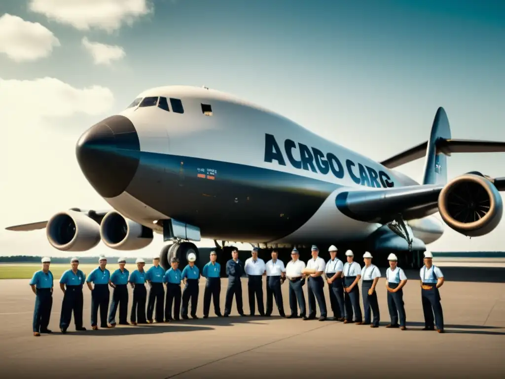 Imponente avión de carga rodeado de trabajadores, evocando la historia de los gigantes de la aviación de carga