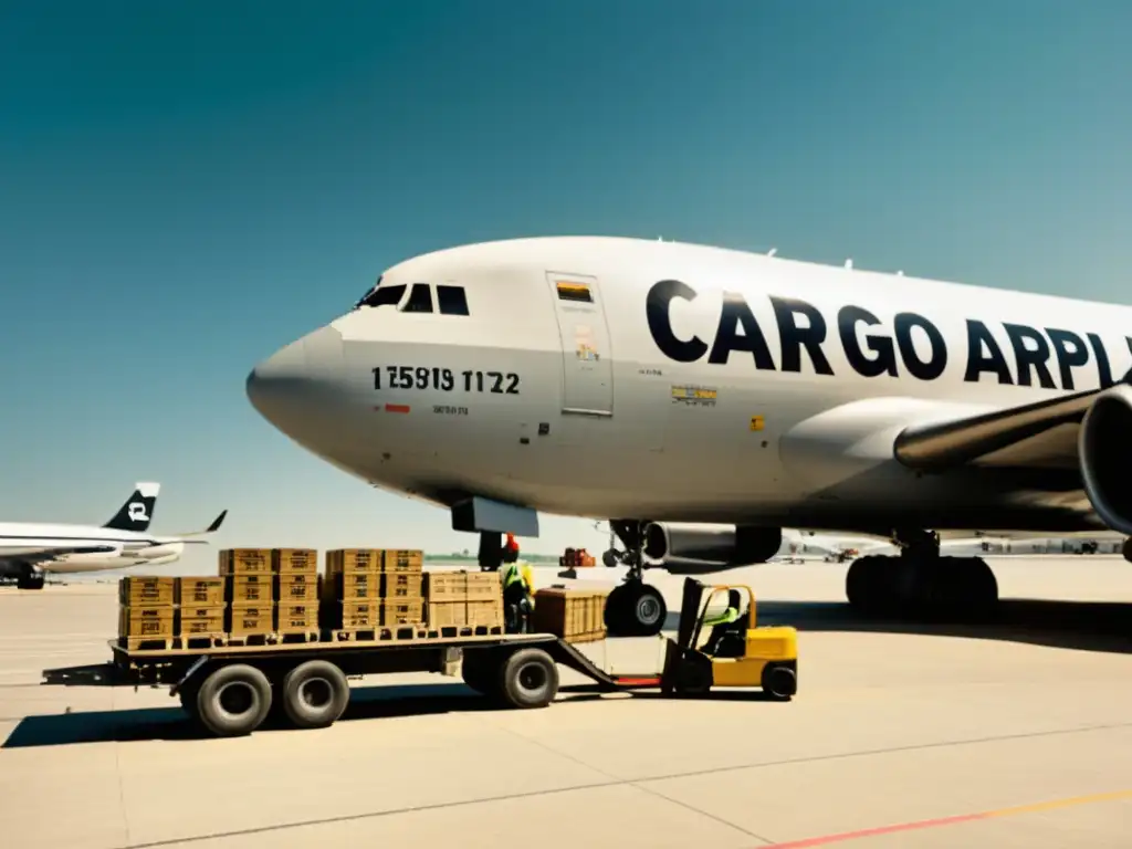 Un imponente avión de carga vintage es cargado por trabajadores en el tarmac, creando una escena que evoca la historia de aviones de carga gigantes