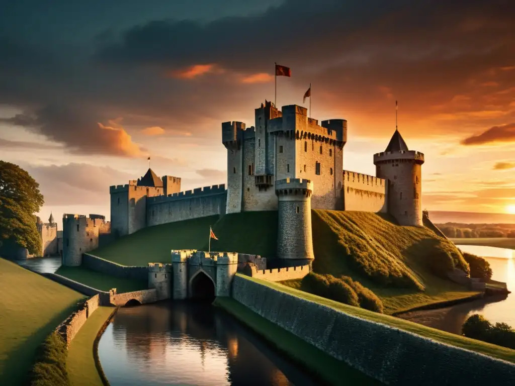 Imponente castillo medieval con arqueros y murallas de piedra, rodeado de un foso, bajo un dramático atardecer