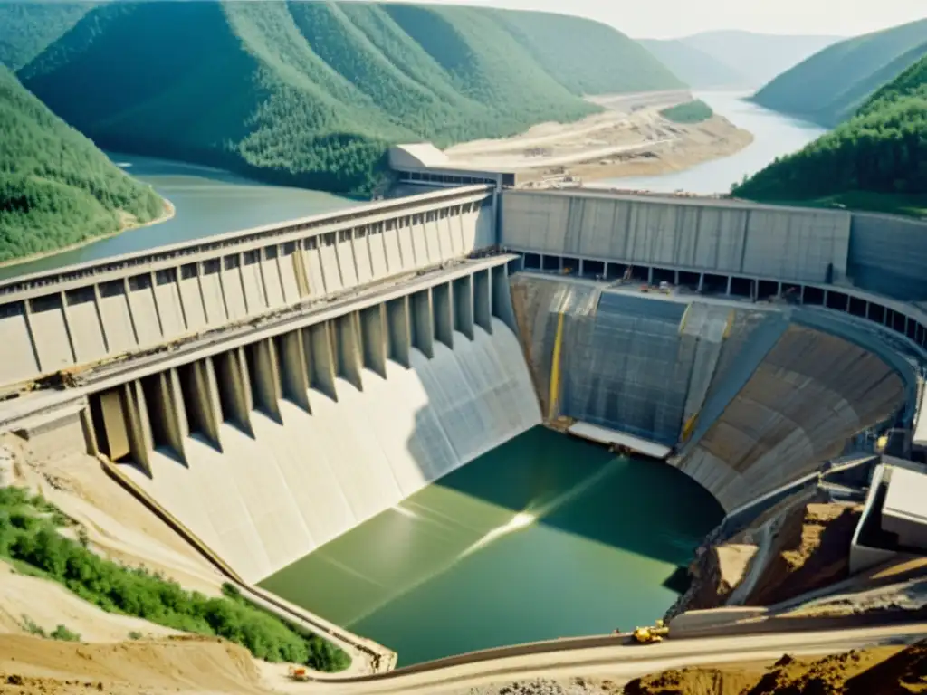 Imponente construcción de una represa hidroeléctrica en blanco y negro