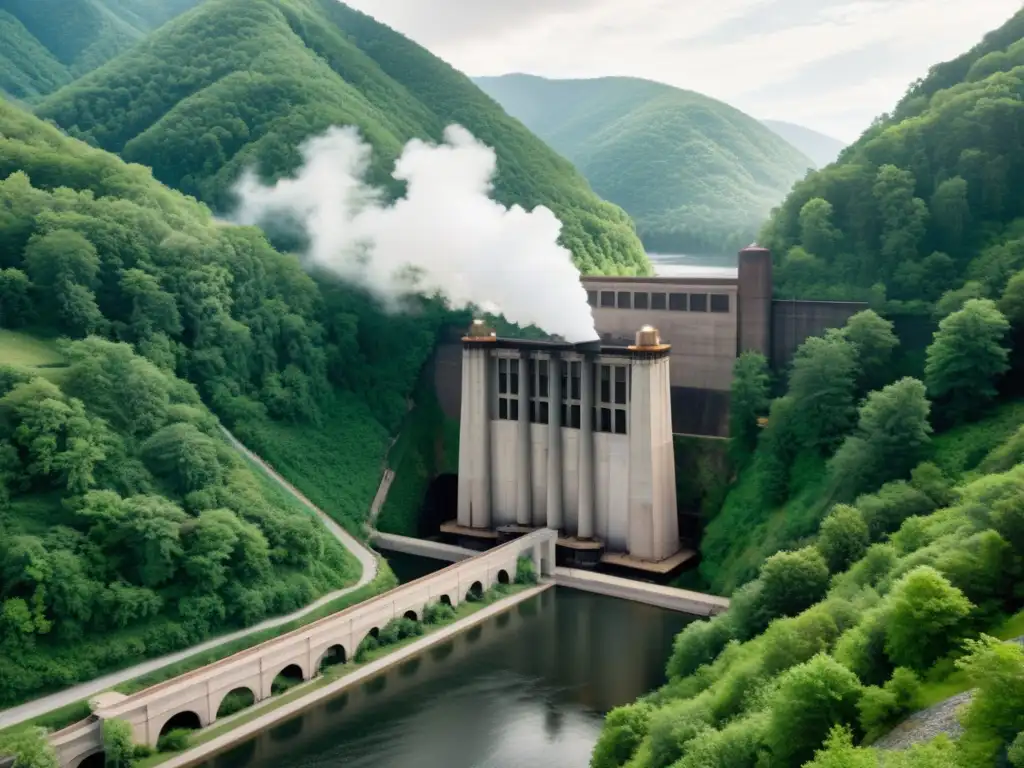 Una imponente planta hidroeléctrica histórica en un paisaje montañoso exuberante, evocando innovaciones históricas plantas hidroeléctricas