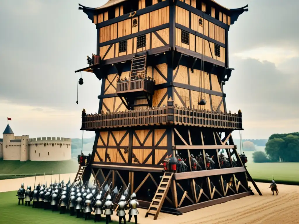 Imponente torre de asedio en un asedio medieval