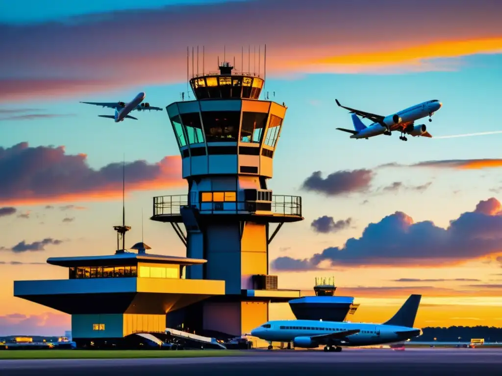 Imponente torre de control radar vintage, con aviones despegando y aterrizando en un atardecer colorido, evocando la importancia de los radares en la seguridad del transporte aéreo