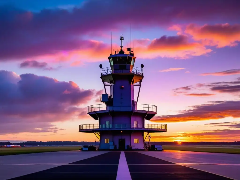 Imponente torre de control radar vintage en un atardecer vibrante, evocando la importancia de los radares en la seguridad del transporte aéreo