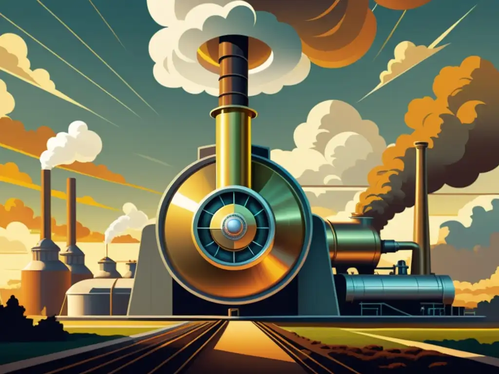 Una ilustración vintage de una imponente turbina de vapor en primer plano, rodeada de una extensa área industrial con nubes de vapor