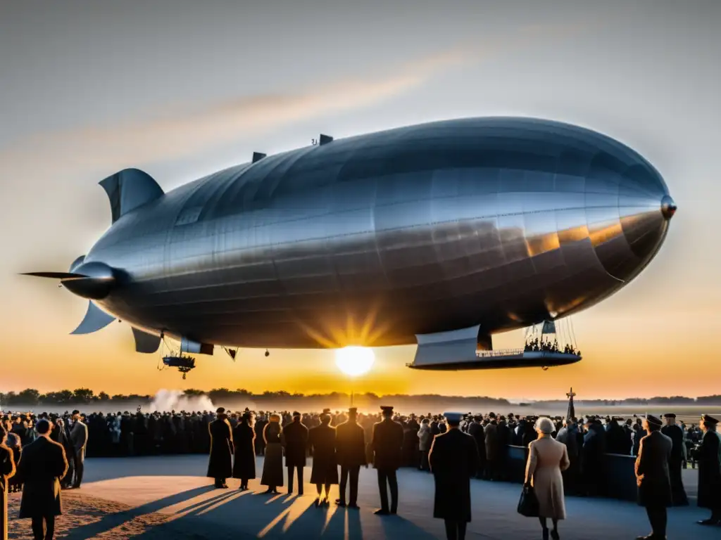 Imponente zeppelin Hindenburg flotando en el cielo al atardecer, evocando la historia del transporte de lujo en la era de los dirigibles