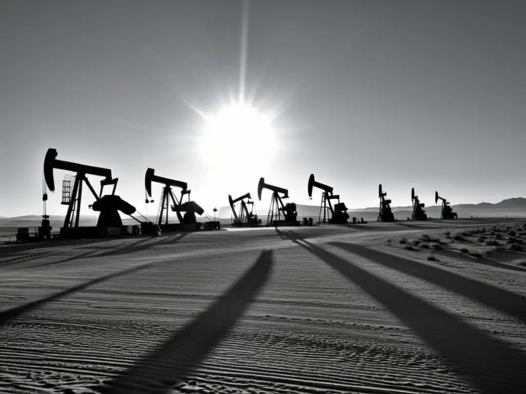 Imponentes derricks petroleros en el desierto al atardecer, reflejando el impacto económico del petróleo en el siglo XX