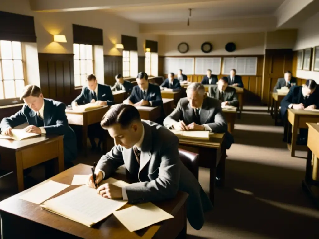 Importancia de la criptología en ciberseguridad: Fotografía vintage en Bletchley Park durante la Segunda Guerra Mundial, con codebreakers trabajando intensamente en la descodificación de mensajes en una habitación con luz tenue