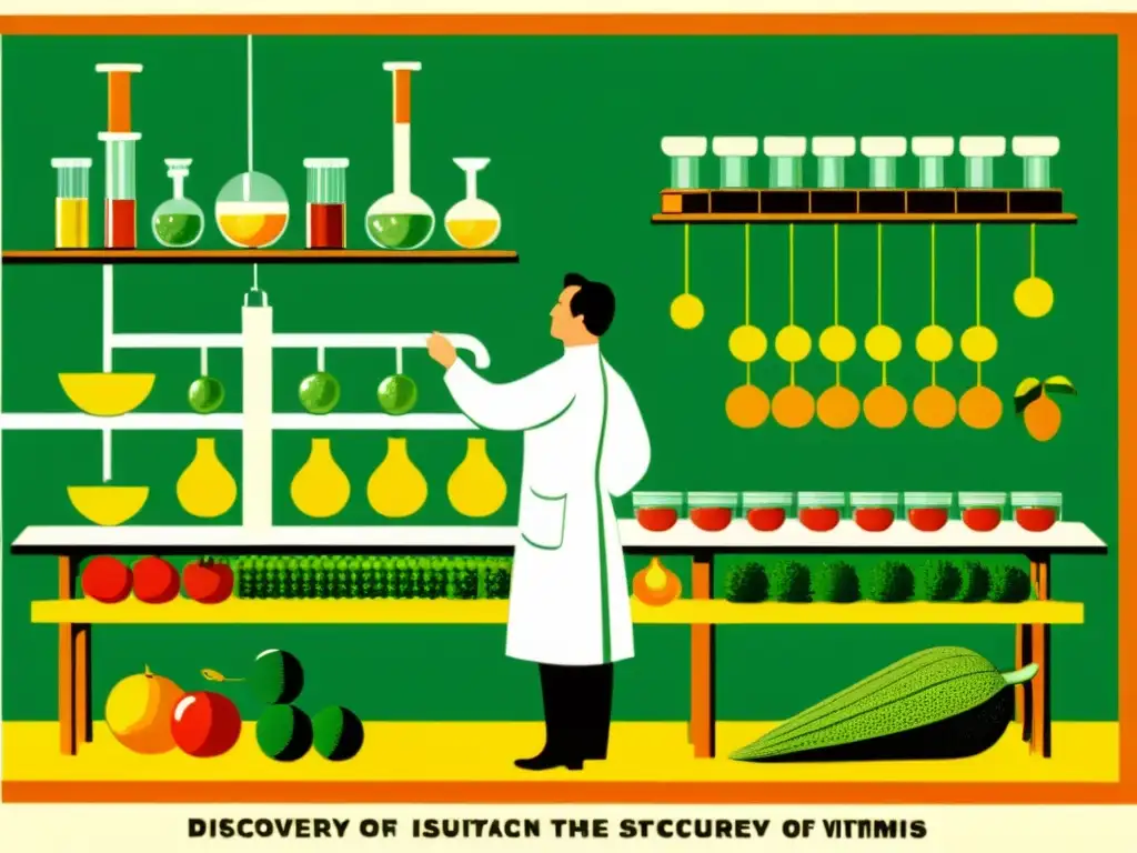 Descubre la importancia de las vitaminas en prevención con esta ilustración científica vintage que destaca la estructura y fuentes de vitaminas