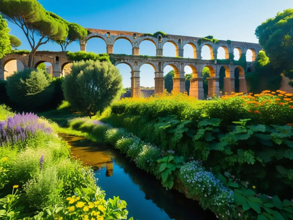 Un impresionante acueducto de la antigua Roma, con agua fluyendo entre exuberante vegetación y flores silvestres