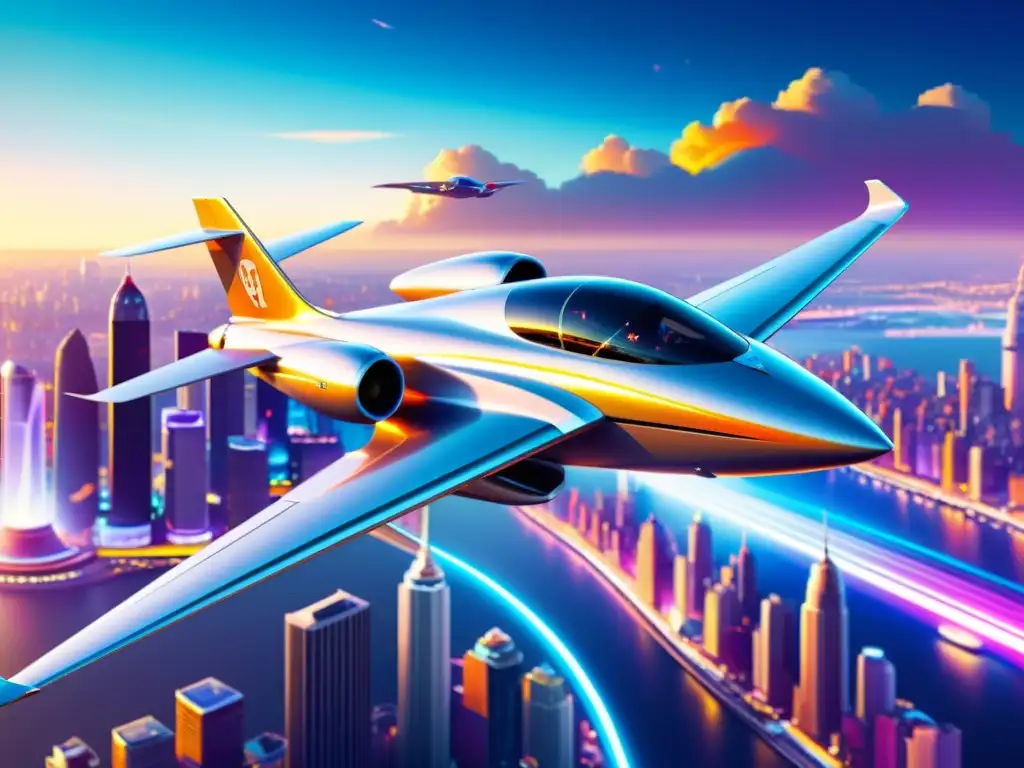 Un impresionante avión futurista surca una ciudad neón, evocando la integración de inteligencia artificial en el transporte aéreo